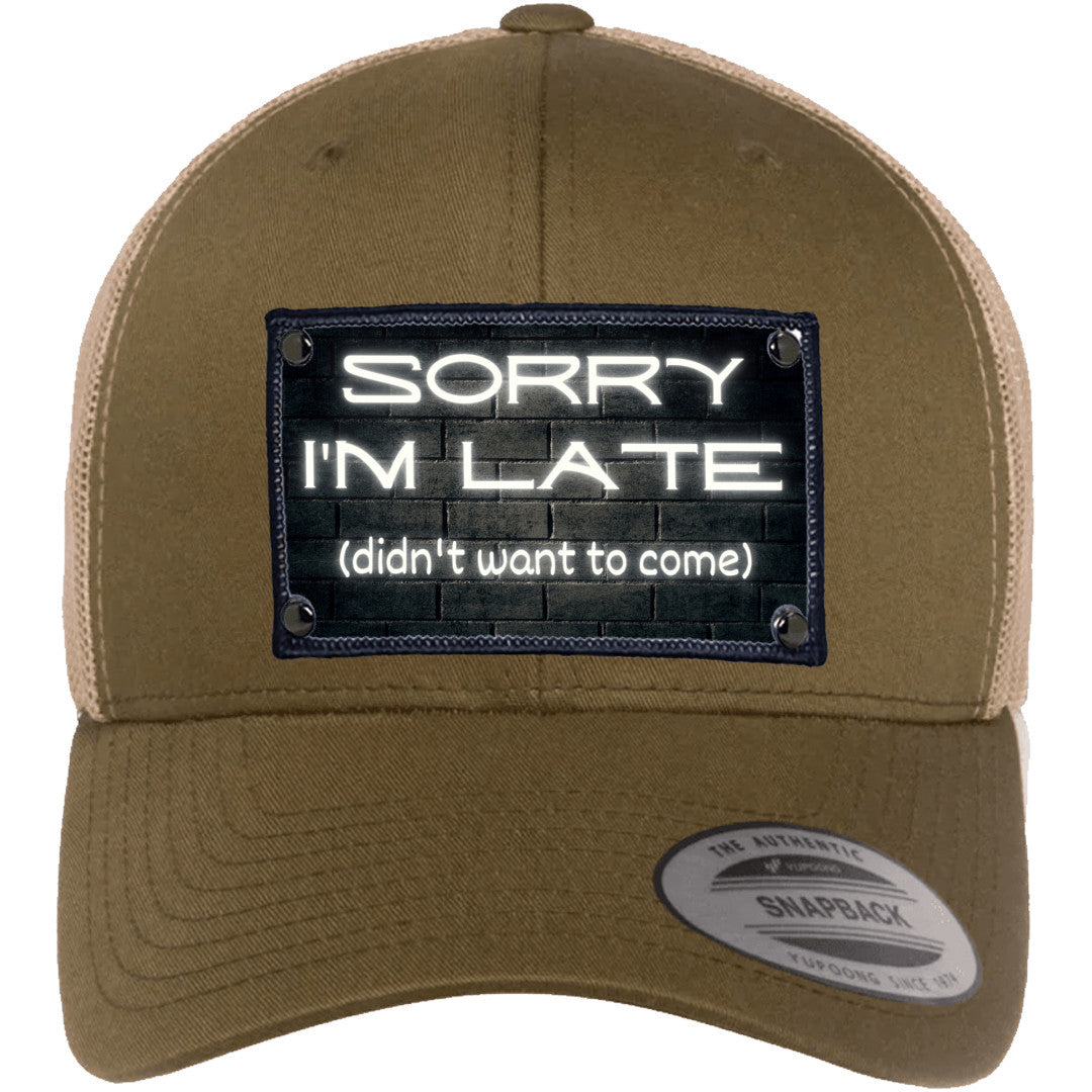 Sorry I'm Late, didn't want to come hat gift for someone who is always late brick background funny hat