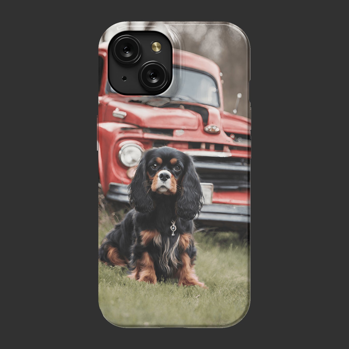 Cavalier King Charles Spaniel with red Ford Truck - iphone 15 slim case
