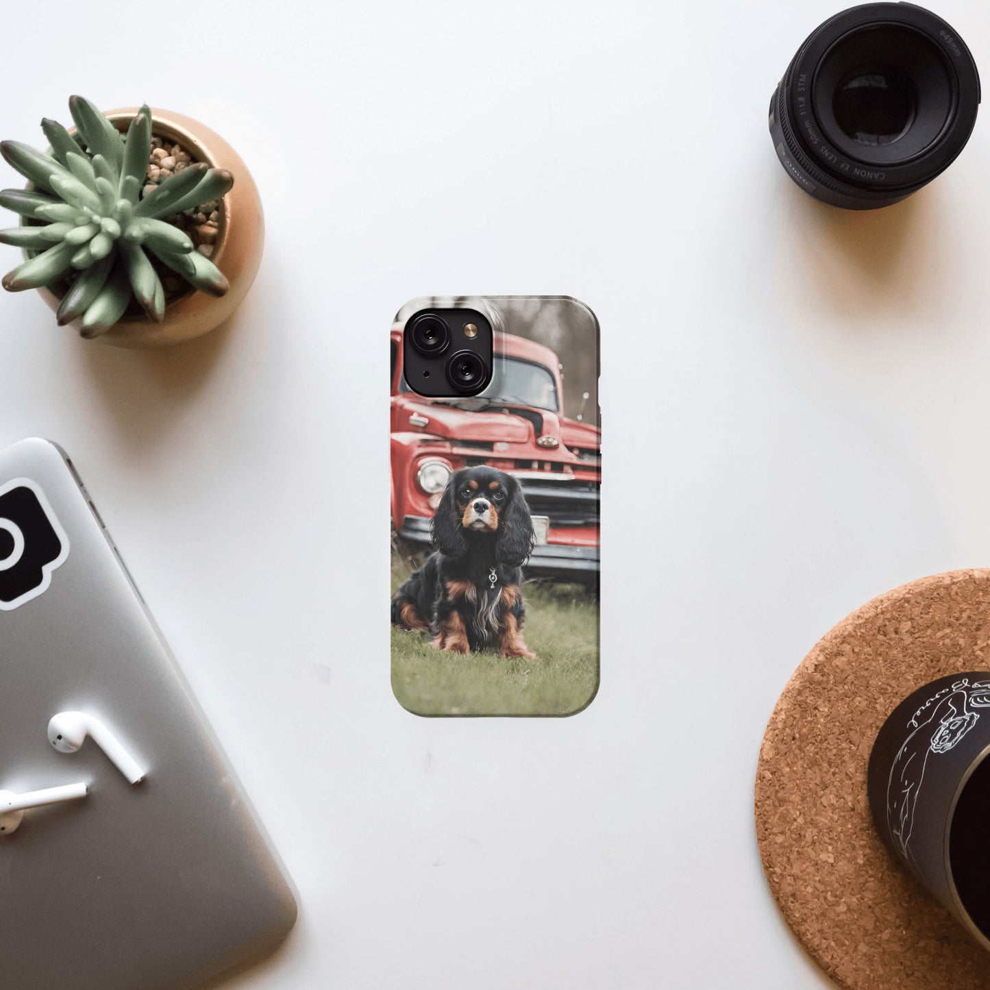 Cavalier King Charles Spaniel with red Ford Truck - iphone 15 slim case