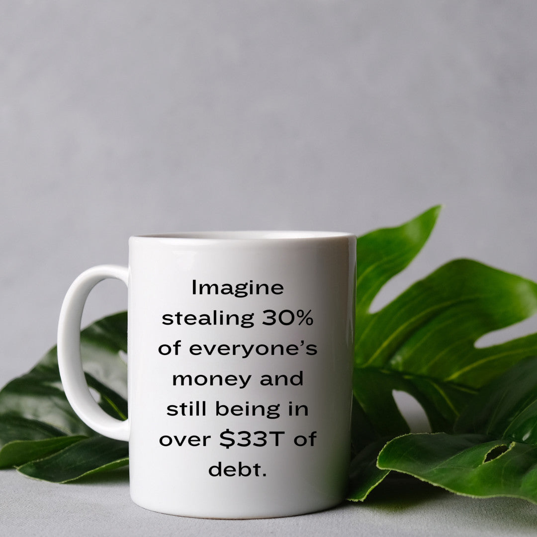 Imagine steal 30% of everyone's money and still being over 33T in debt. Mug 11oz