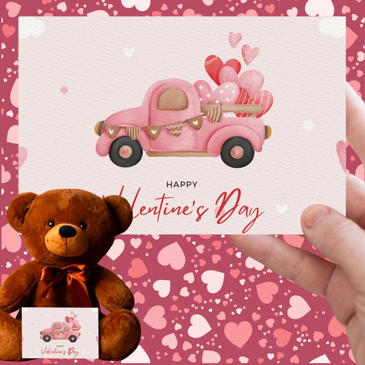 Happy Valentine's Day with cute truck Teddy Bear  can write on back of card  3 sizes