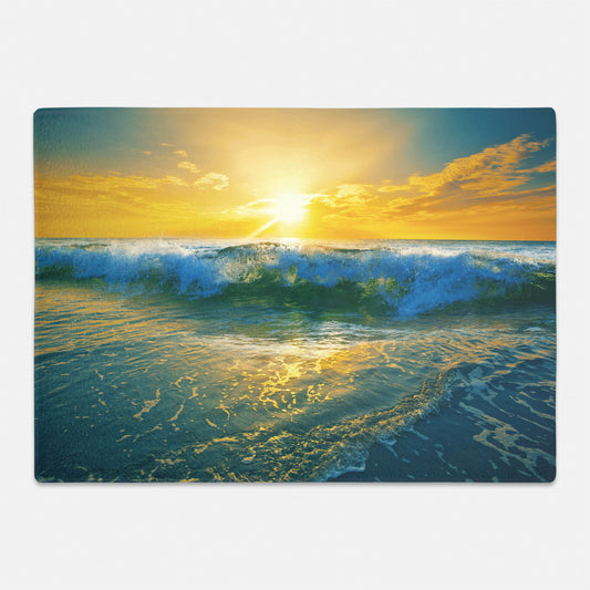 sun and ocean wave on glass cutting board for gift