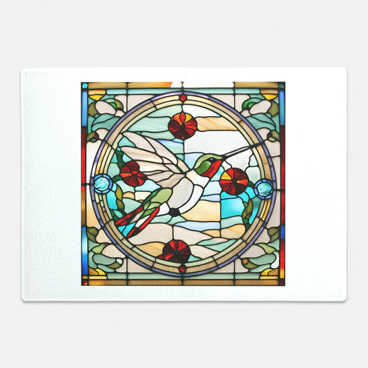 Hummingbird Stained glass printed on a glass cutting board great gift idea