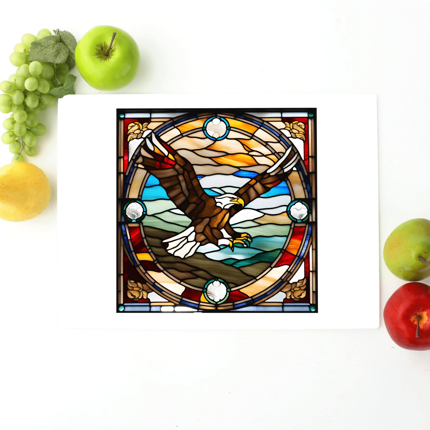 Bald Eagle stain glass design printed on a glass cutting board unique gift idea