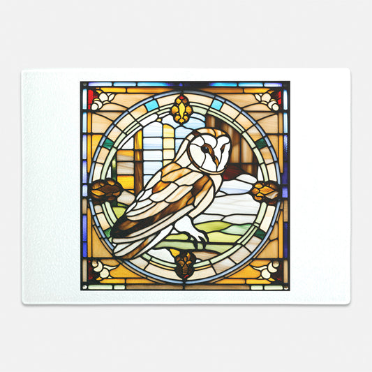 Barn owl stain glass design printed on a glass cutting board unique gift idea