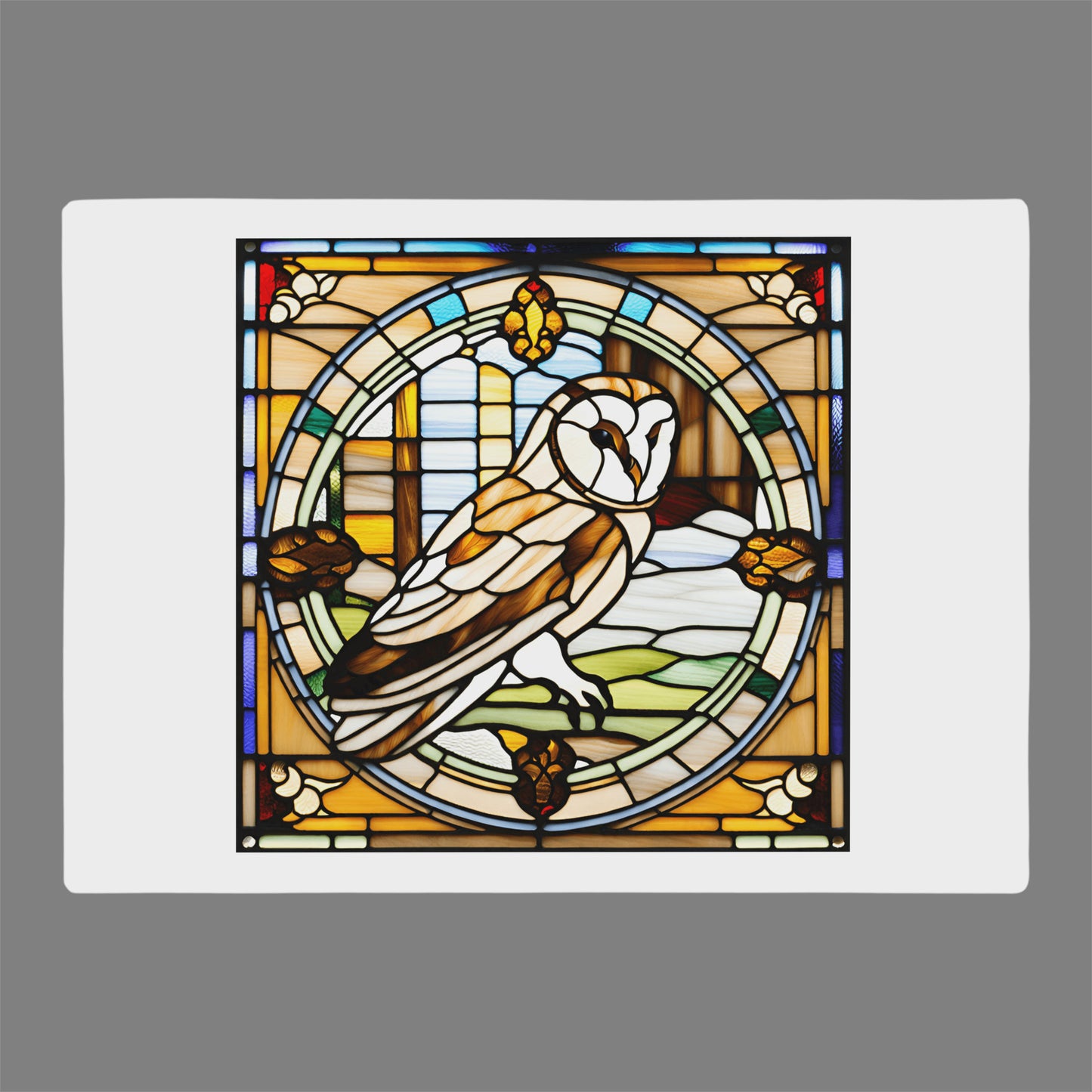 Barn owl stain glass design printed on a glass cutting board unique gift idea
